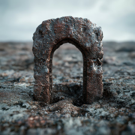 Weathered stone arch on rocky beachの素材