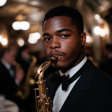 Portrait of a young man playing saxophoneの素材