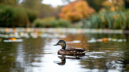 Colorful autumn duck swimming in tranquil pondの素材