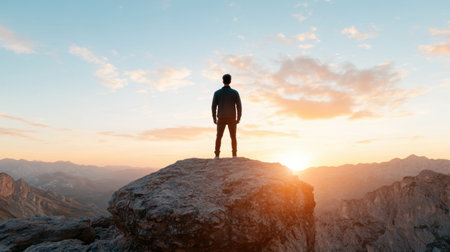 person standing on top of mountain at sunsetの素材