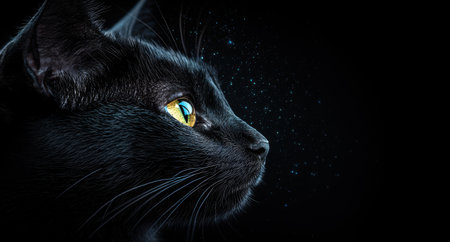 Captivating close-up of a black cat with glowing eyes against a starry night skyの素材