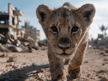 Curious lion cub exploring ruined cityの素材
