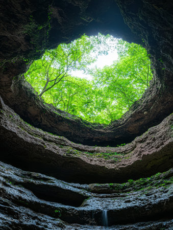 lush green forest opening in cave with waterfallの素材