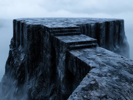 Dramatic rocky cliffside with steps leading into the misty oceanの素材