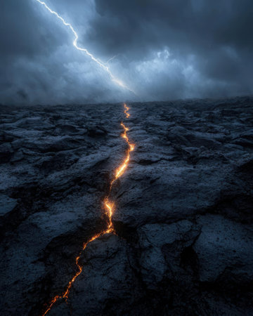Dramatic lightning storm over a rugged, rocky landscapeの素材