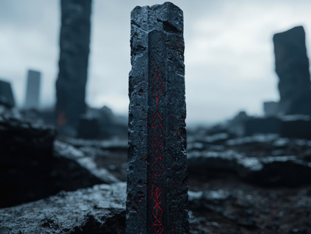 Mysterious rune-inscribed monolith in a desolate landscapeの素材