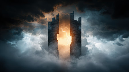 Dramatic stormy castle ruins with lightningの素材
