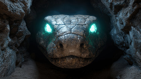 Glowing eyes of a giant snake in a dark caveの素材