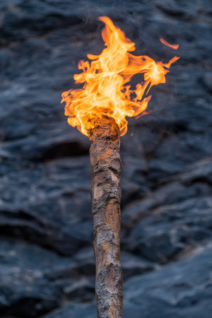 Burning wooden log with bright orange flamesの素材