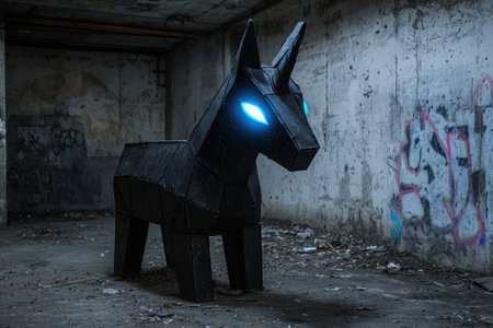 Mysterious black origami animal sculpture in abandoned buildingの素材