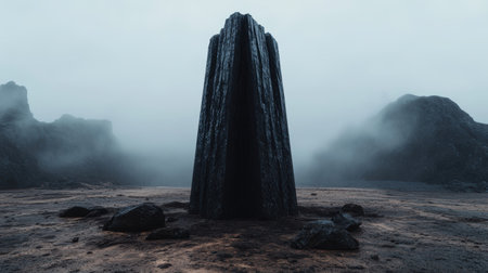 Mysterious monolith in misty landscapeの素材