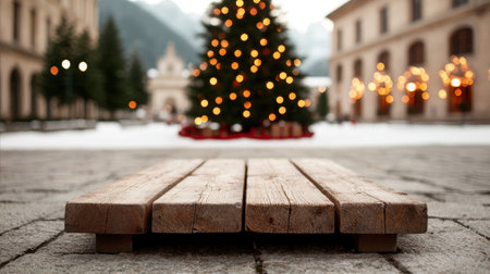 Festive Christmas tree in city squareの素材