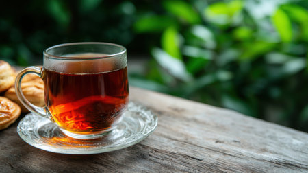 Cozy cup of hot tea on wooden tableの素材