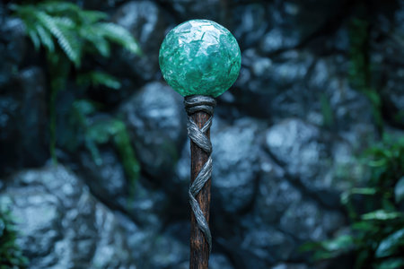Mystical crystal ball on twisted wooden staffの素材