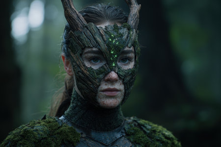 Mysterious forest warrior with glowing eyesの素材