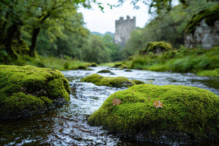 Lush green forest with mossy rocks and flowing streamの素材