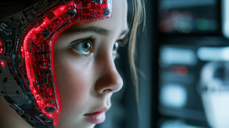 close-up of a person wearing a futuristic red headsetの素材