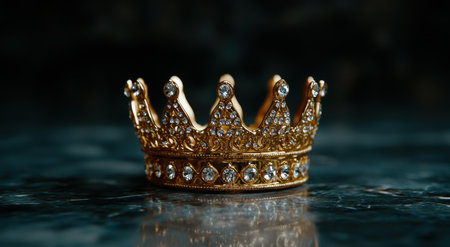 golden crown with diamonds on a reflective surfaceの素材