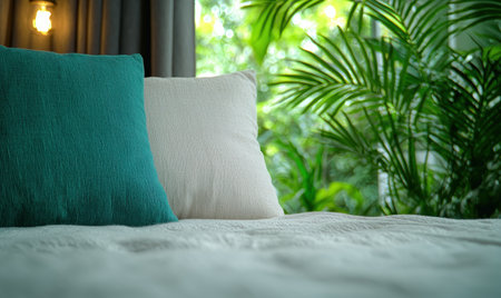 cozy tropical patio with plush cushions and lush greeneryの素材