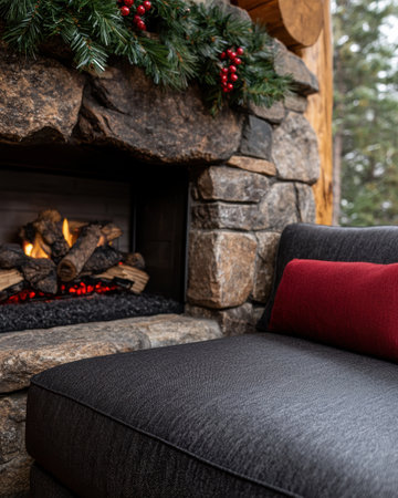 cozy winter fireplace scene with christmas decorの素材