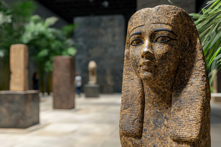 ancient egyptian stone sculpture in a lush gardenの素材