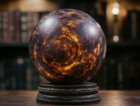 Glowing crystal ball on wooden tableの素材