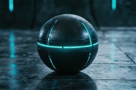 Futuristic glowing sphere on wet surfaceの素材
