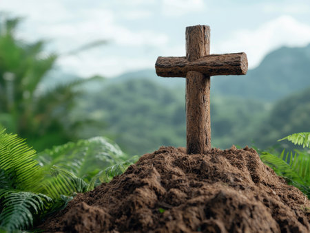 Wooden cross on a mound of soil in a lush green forestの素材