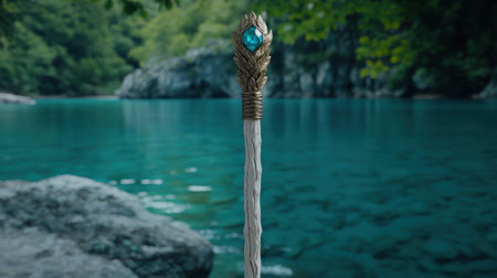 Mystical staff in serene lakeの素材