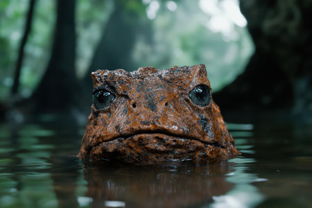 close-up of a brown frog in waterの素材