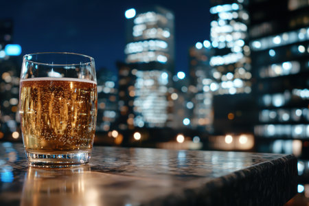 glass of sparkling champagne on table with blurred city skyline at nightの素材
