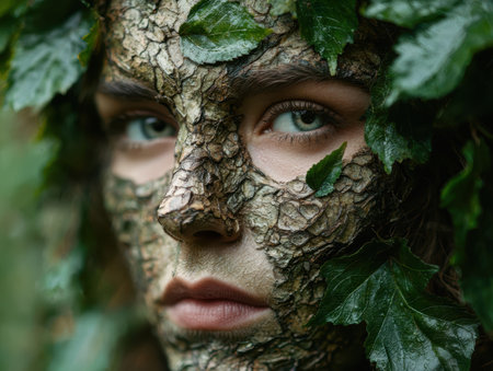 face of woman camouflaged in natureの素材