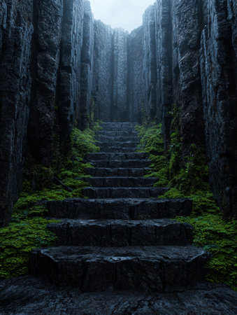 Mysterious stone stairway leading through a dark, mossy canyonの素材