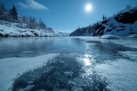 Serene winter landscape with frozen lake and snowy mountainsの素材