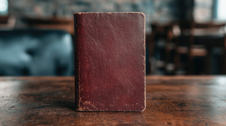 Vintage leather-bound book on wooden tableの素材