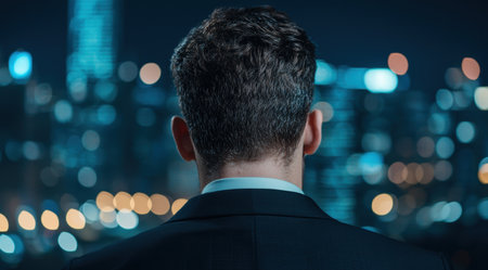 Businessman looking out at city lightsの素材