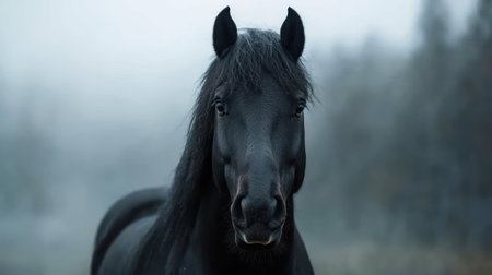 Mysterious black horse in the fogの素材