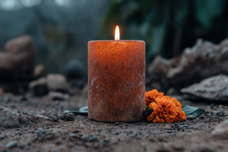 Burning candle with marigold flower on dark backgroundの素材