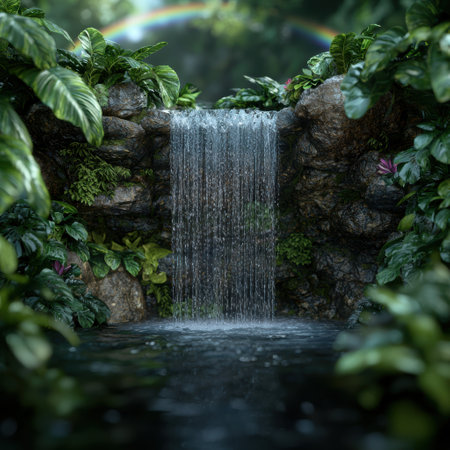 Serene waterfall in lush tropical gardenの素材