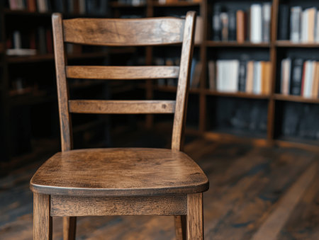 Vintage wooden chair in a cozy libraryの素材
