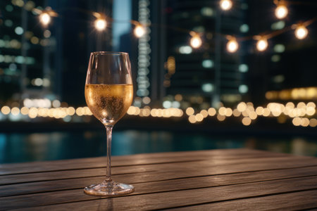 glass of sparkling wine with city lights in backgroundの素材