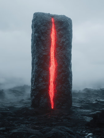 Glowing lava crack in dark rocky landscapeの素材