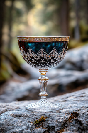 Ornate crystal goblet on rocky surfaceの素材