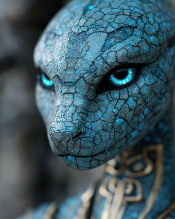 Cracked Alien Face with Piercing Blue Eyesの素材
