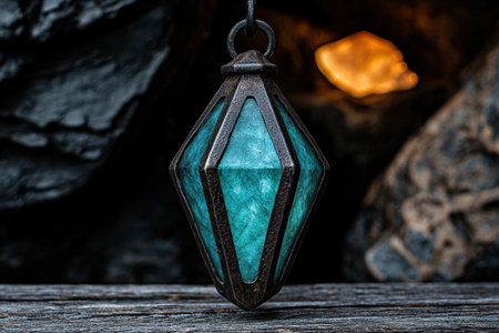 Mystical glowing crystal pendant hanging on wooden surfaceの素材
