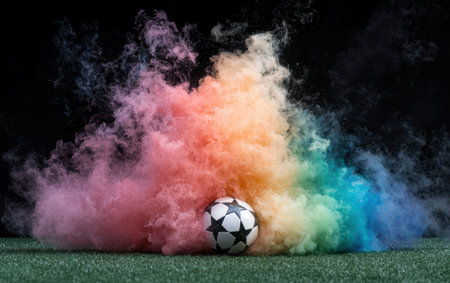 Colorful smoke explosion around soccer ballの素材