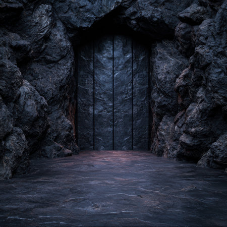 Mysterious dark cave entrance with metal doorの素材