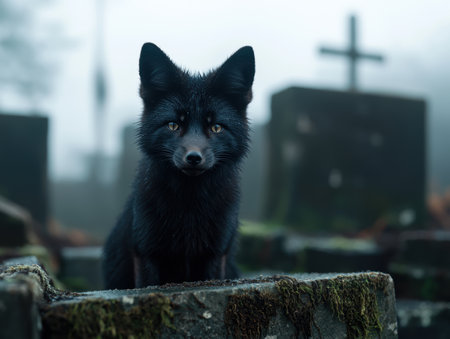 Mysterious black fox in a dark and gloomy graveyardの素材