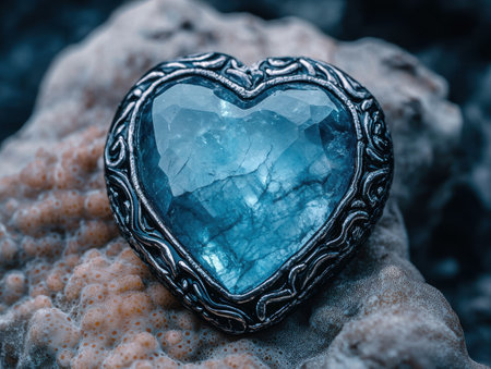 Ornate heart-shaped crystal on rocky surfaceの素材