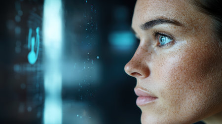 Close-up of a person's face with glowing digital interfaceの素材
